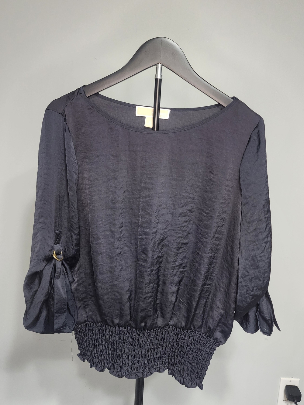 Michael Kors Black Blouse with Brass Ring Sleeve Ties W Branding. Size S